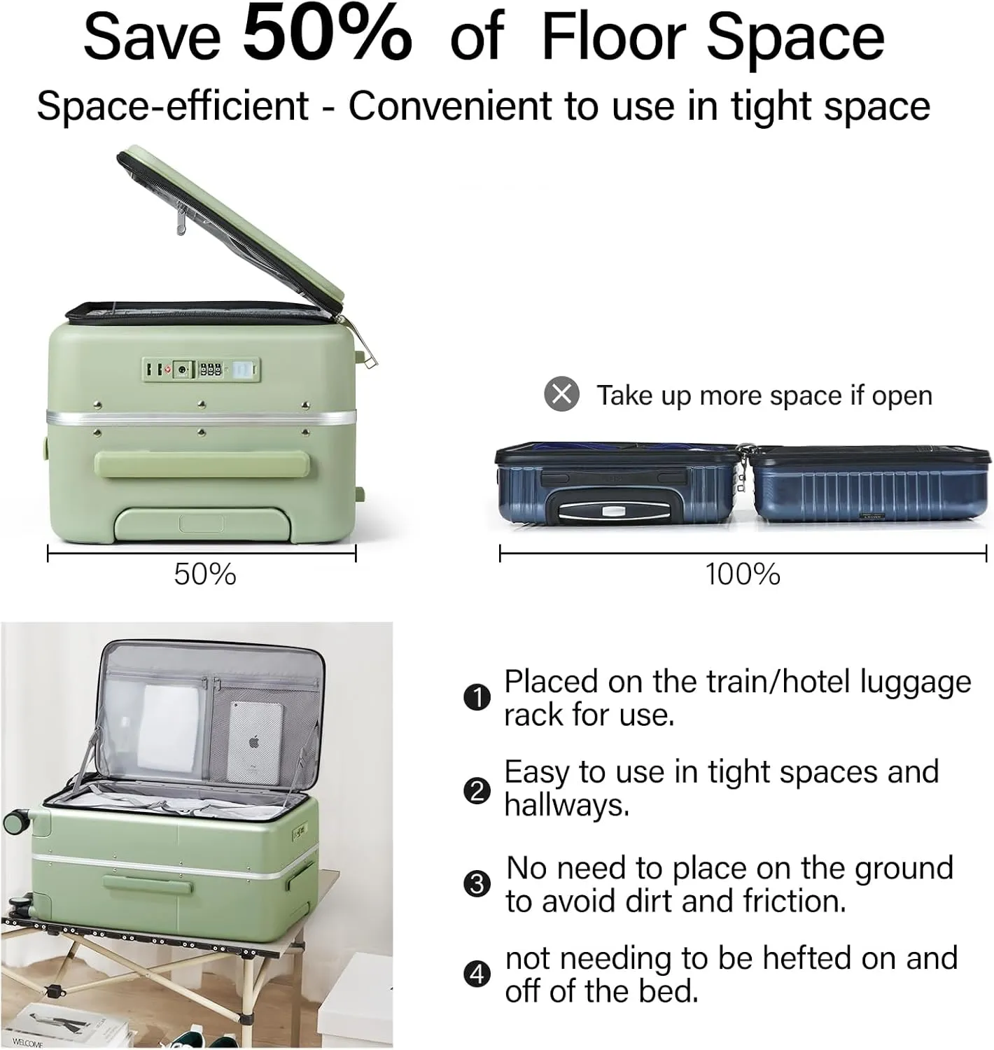 Hanke 20 Inch Carry On Luggage Airline Approved with Lock and Cup Holder,Top Opening Hard Shell Suitcases Travel Luggage with Wheels,Bamboo Green