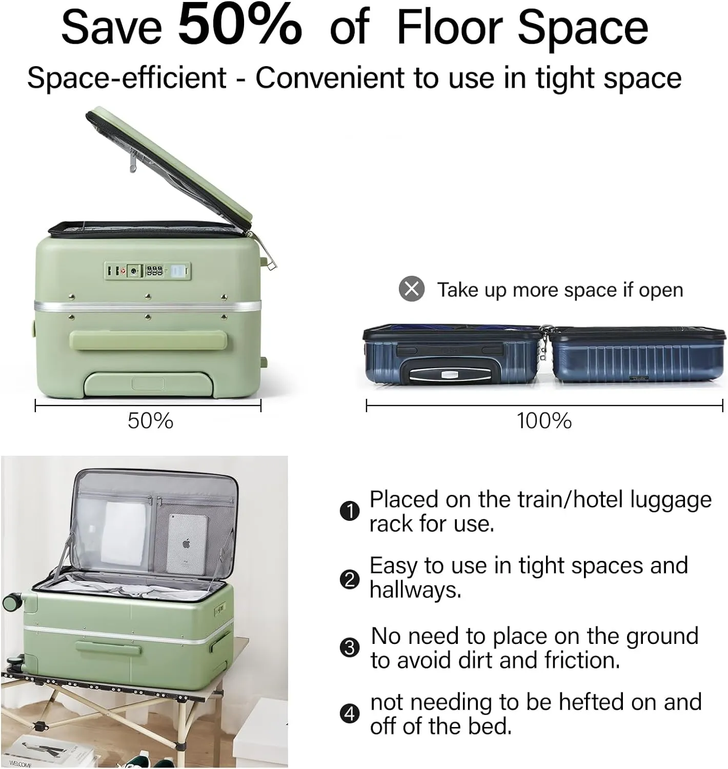 Hanke 24 Inch Checked Luggage,Top Opening Hard Shell Suitcases with Wheels,Hard Case Travel Luggage with Lock and Cup Holder,Bamboo Green