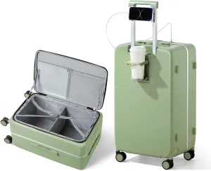 Hanke 24 Inch Checked Luggage,Top Opening Hard Shell Suitcases with Wheels,Hard Case Travel Luggage with Lock and Cup Holder,Bamboo Green