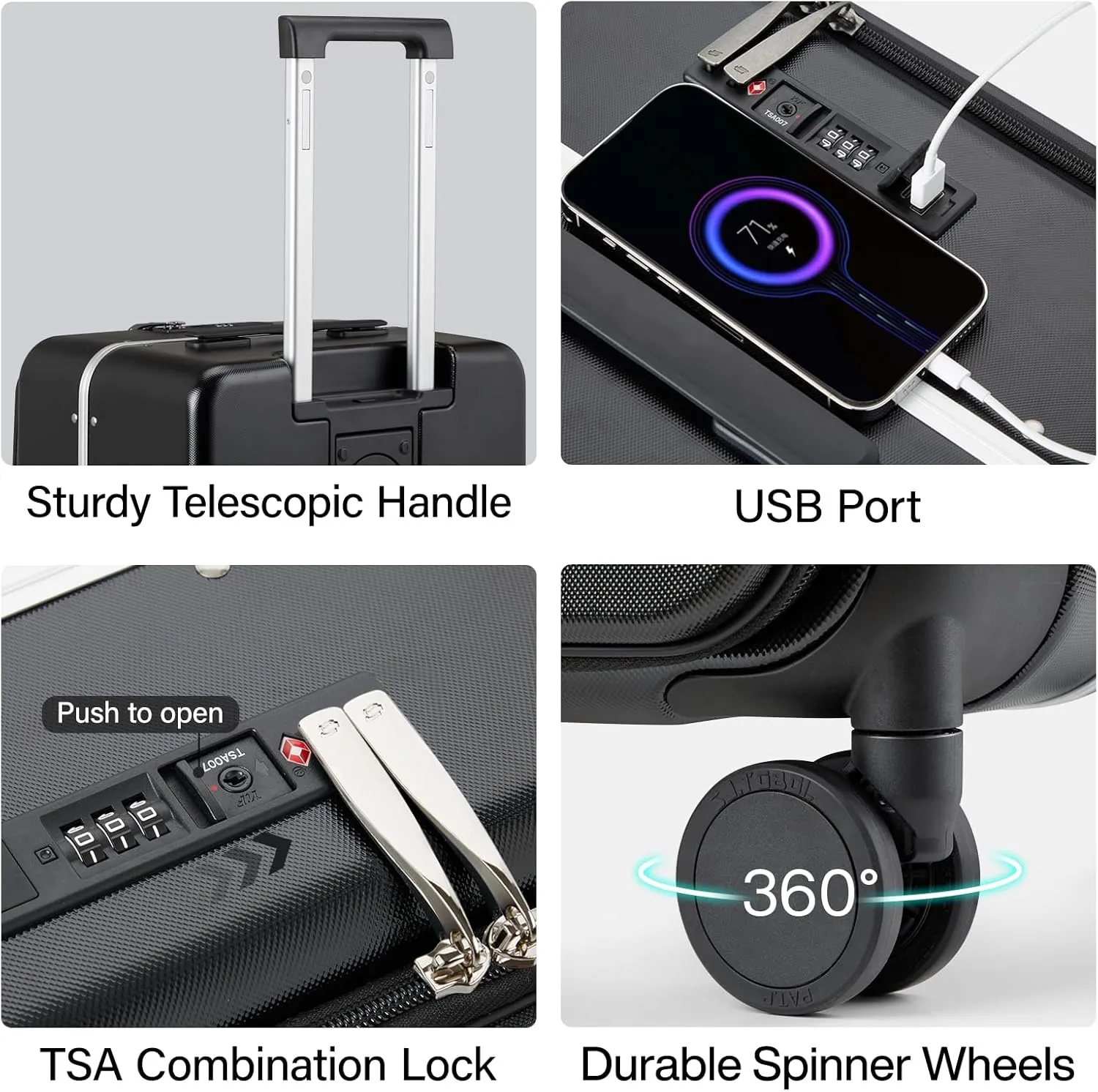 Hanke Carry On Luggage, 20 Inch Suitcase with Cup and Phone Holder TSA Lock USB Port, Top Opening Hard Shell Suitcases with Spinner Wheels for Travel,Jet Black