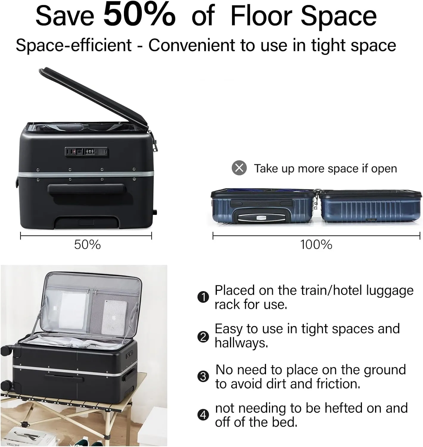 Hanke Carry On Luggage, 20 Inch Suitcase with Cup and Phone Holder TSA Lock USB Port, Top Opening Hard Shell Suitcases with Spinner Wheels for Travel,Jet Black