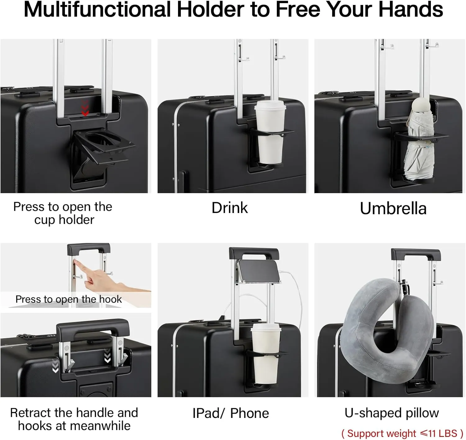 Hanke Carry On Luggage, 20 Inch Suitcase with Cup and Phone Holder TSA Lock USB Port, Top Opening Hard Shell Suitcases with Spinner Wheels for Travel,Jet Black