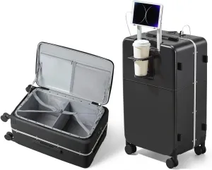Hanke Carry On Luggage, 20 Inch Suitcase with Cup and Phone Holder TSA Lock USB Port, Top Opening Hard Shell Suitcases with Spinner Wheels for Travel,Jet Black