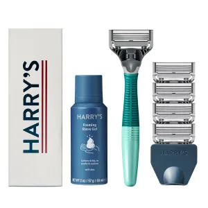Harry's Shaving Kit for Men - Razor Handle, 5 Razor Blade Refills, Foaming Shave Gel, and Travel Blade Cover - Sage