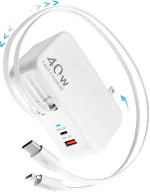 Hatalkin 4-in-1 Retractable Wall Charger Plug with Dual USB Ports and 35.5in/90cm Lightening and Type-C Cables,40W Fast Charging Foldable Block for iPhone 16/15/14/13/12/11,iPad,Galaxy,Pixel