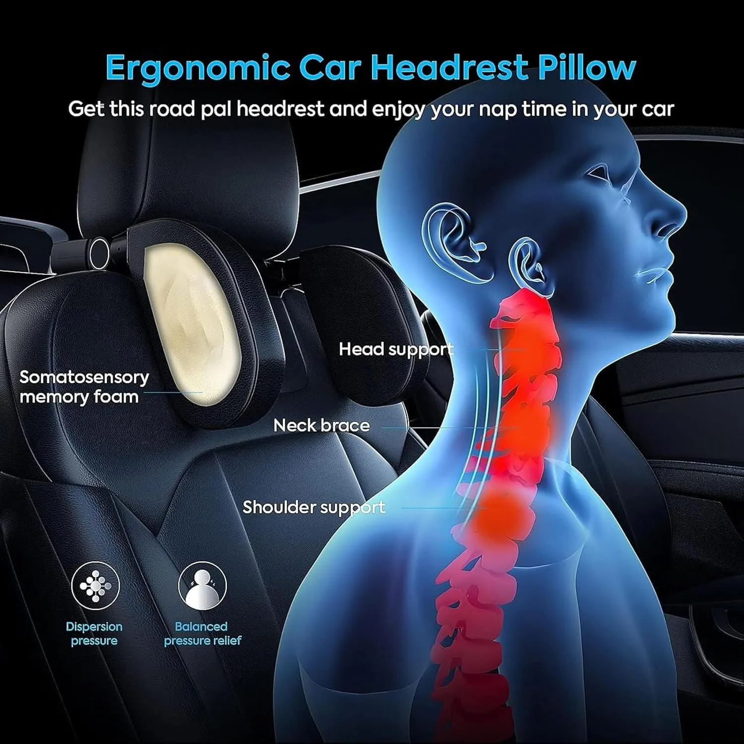 Headrest Lumbar Pillows Car Seat for Dacia Lodgy Duster Ateca Born 2012-2025, Ergonomic Neck Back Support Cushion, Comfortable Breathable Washable Cover, Memory Foam, Gray