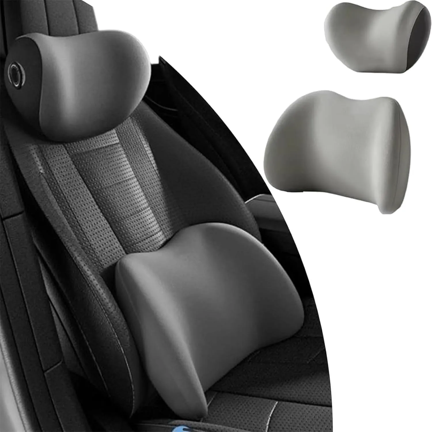Headrest Lumbar Pillows Car Seat for Dacia Lodgy Duster Ateca Born 2012-2025, Ergonomic Neck Back Support Cushion, Comfortable Breathable Washable Cover, Memory Foam, Gray