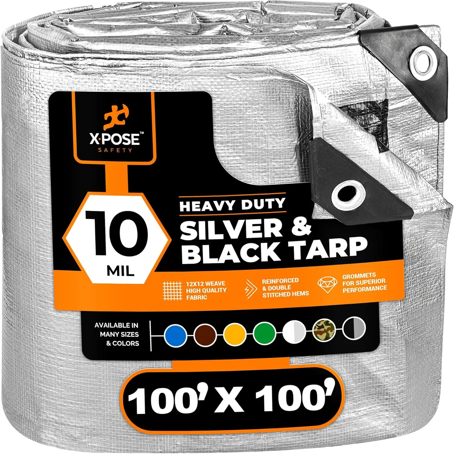 Heavy Duty Poly Tarp - 100' x 100' - 10 Mil Thick Waterproof, UV Blocking Protective Cover - Reversible Silver and Black - Laminated Coating - Grommets - by Xpose Safety
