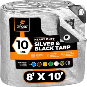Heavy Duty Poly Tarp - 8' x 10' - 10 Mil Thick Waterproof, UV Blocking Protective Cover - Reversible Silver and Black - Laminated Coating - Grommets - by Xpose Safety