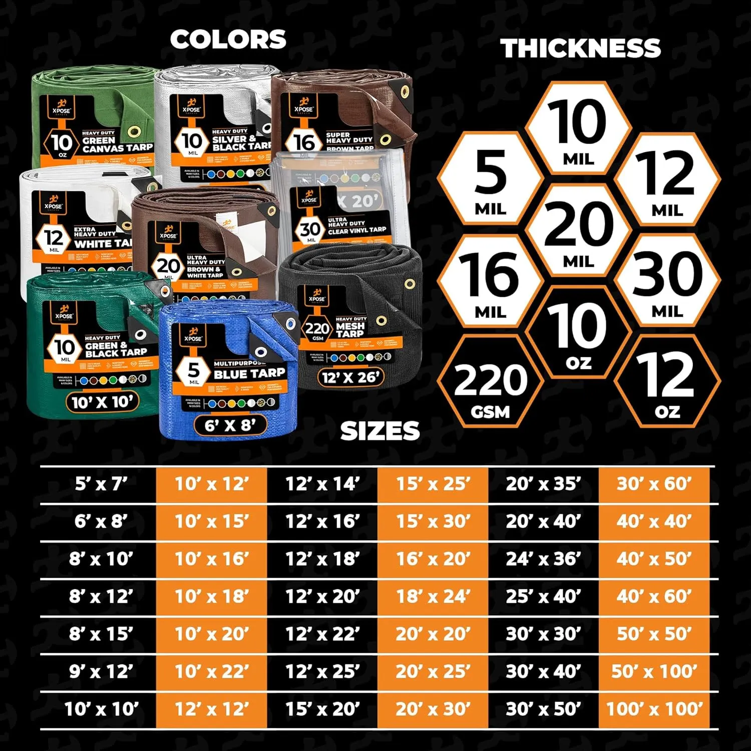 Heavy Duty Poly Tarp - 8' x 10' - 10 Mil Thick Waterproof, UV Blocking Protective Cover - Reversible Silver and Black - Laminated Coating - Grommets - by Xpose Safety