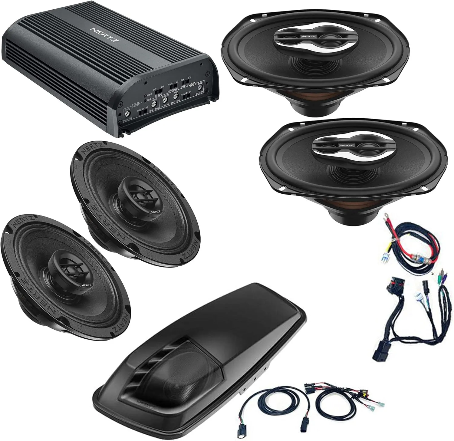 Hertz HSP3 Plug and Play 4 Speaker Kit with Saddlebag 6x9 Kit - Includes: SP4.900 amp, SX165 NEO Coax Speakers, SX690 NEO Coax Speakers, HTHP14 T-Power Harness and HD14H Saddlebag Lid Kit with HBH14