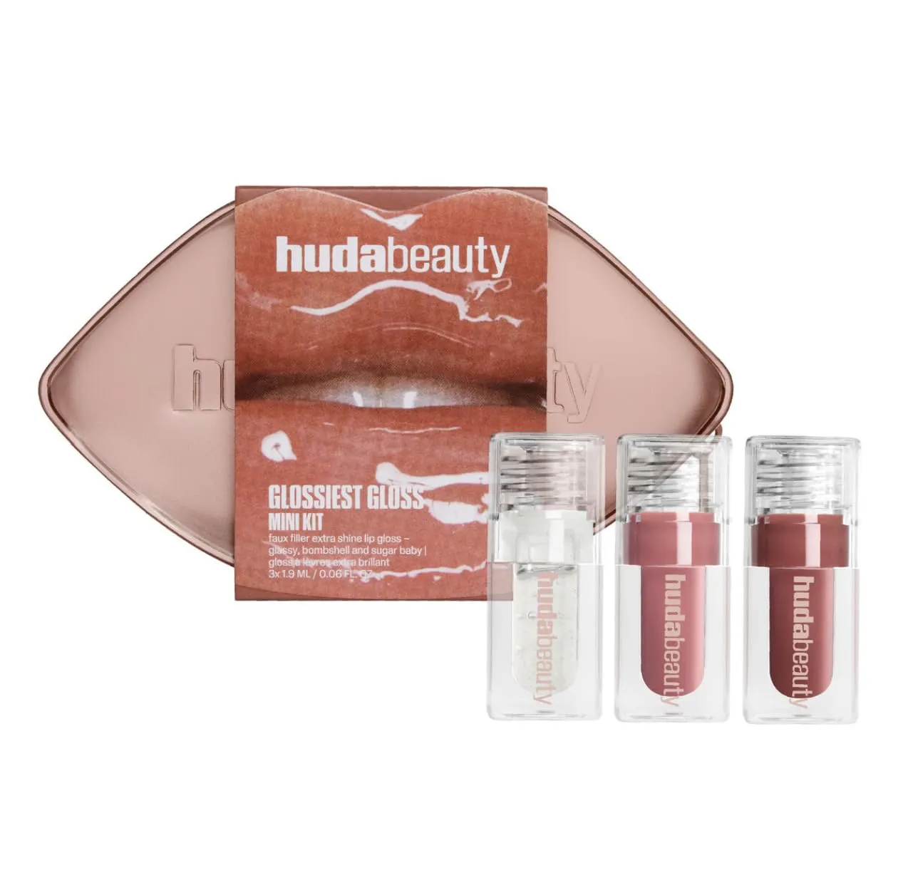 Huda Glossiest Gloss Mini Kit - Faux Filler Extra Shine Lip Gloss - Glassy, Bombshell and Sugar Baby - 0.06 fl oz / 1.9 mL each