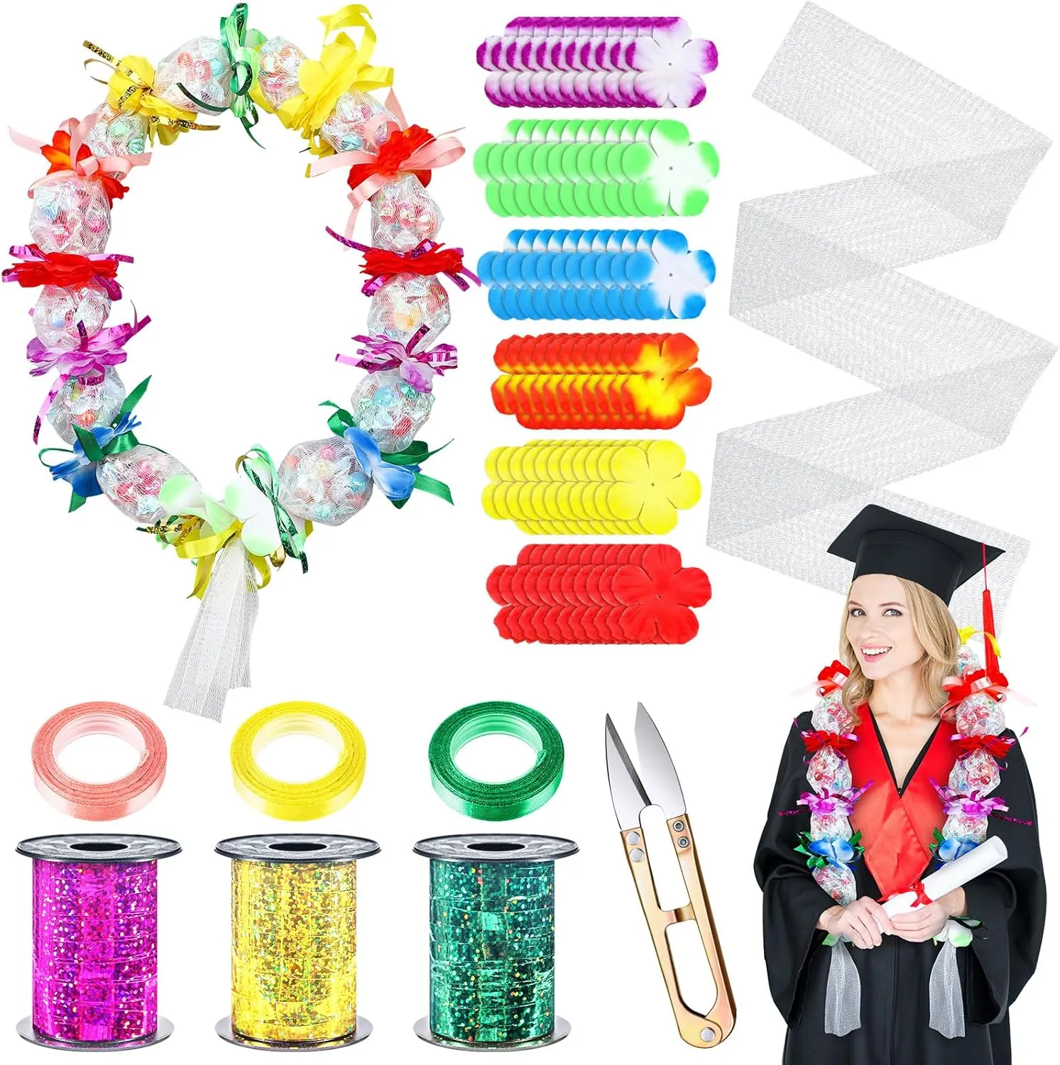 HyDren Graduation Candy Lei Making Kit Hawaiian DIY Candy Lei Netting Tubing 1 Pcs 32.8 ft Mesh Bag 600 Pcs Flowers 6 Rolls Gift Wrapping Ribbon 1 Pcs U Shaped Yarn Scissors for Graduation Party Favor