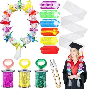 HyDren Graduation Candy Lei Making Kit Hawaiian DIY Candy Lei Netting Tubing 1 Pcs 32.8 ft Mesh Bag 600 Pcs Flowers 6 Rolls Gift Wrapping Ribbon 1 Pcs U Shaped Yarn Scissors for Graduation Party Favor