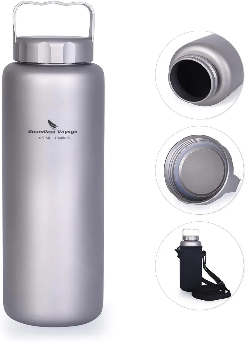 iBasingo 1050ml/35.5 oz Titanium Water Bottle with Handle Outdoor Leak-Proof Wide Mouth Sport Drinking Bottle Camping Tea Coffee Canteen Kettle for Hiking Climbing Running A-Ti3006D