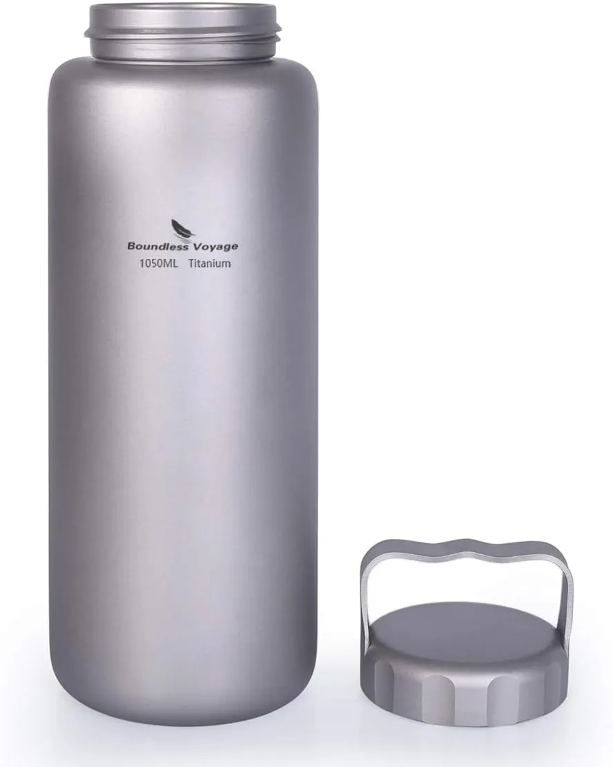 iBasingo 1050ml/35.5 oz Titanium Water Bottle with Handle Outdoor Leak-Proof Wide Mouth Sport Drinking Bottle Camping Tea Coffee Canteen Kettle for Hiking Climbing Running A-Ti3006D