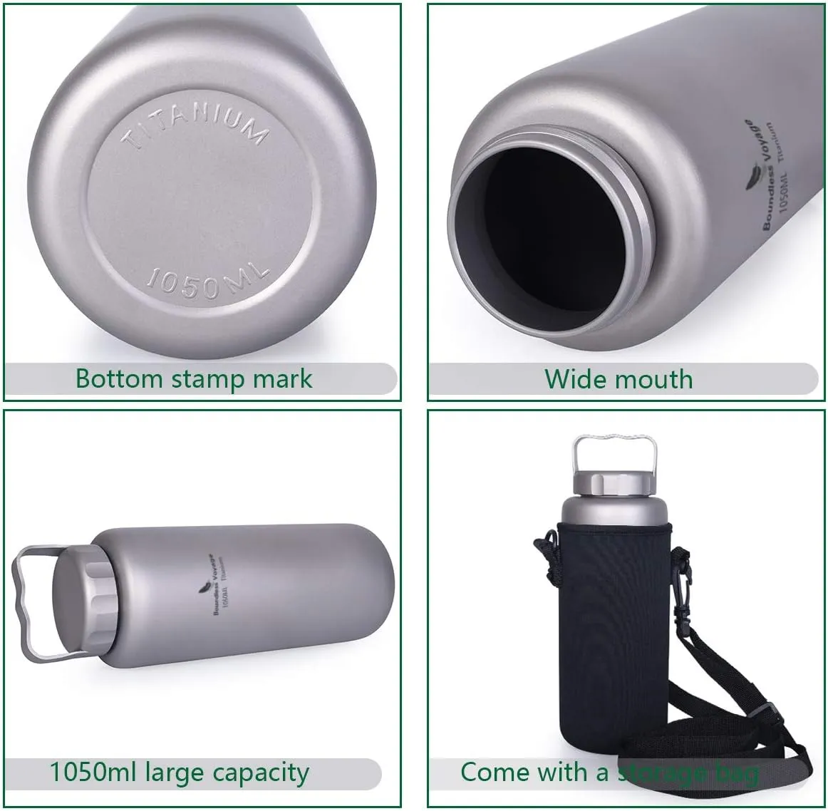iBasingo 1050ml/35.5 oz Titanium Water Bottle with Handle Outdoor Leak-Proof Wide Mouth Sport Drinking Bottle Camping Tea Coffee Canteen Kettle for Hiking Climbing Running A-Ti3006D
