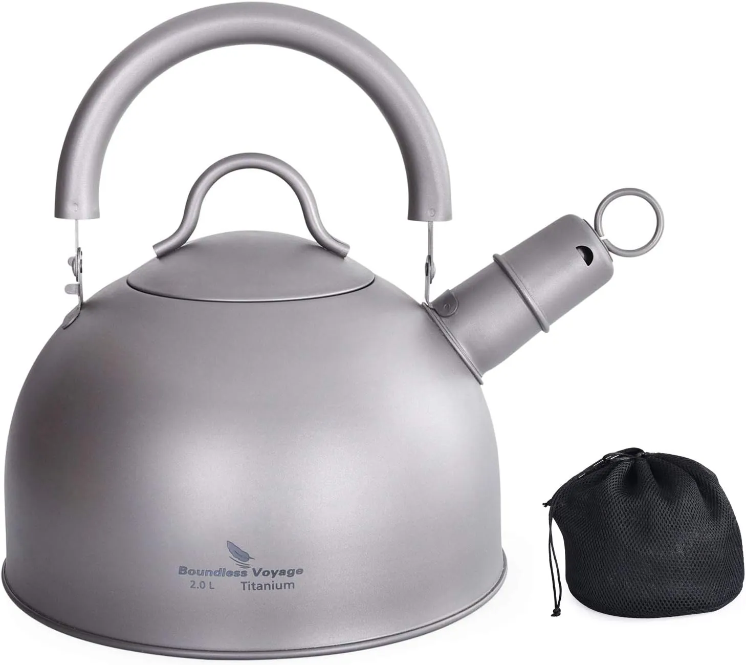 iBasingo 2 L Titanium Whistling Tea Kettle for Gas Stove Ultralight Water Jug Outdoor Big Capacity Teapot Water Bottle with Folding Handle and Warning Buzzer for Camping Home Kitchen Ti3097D