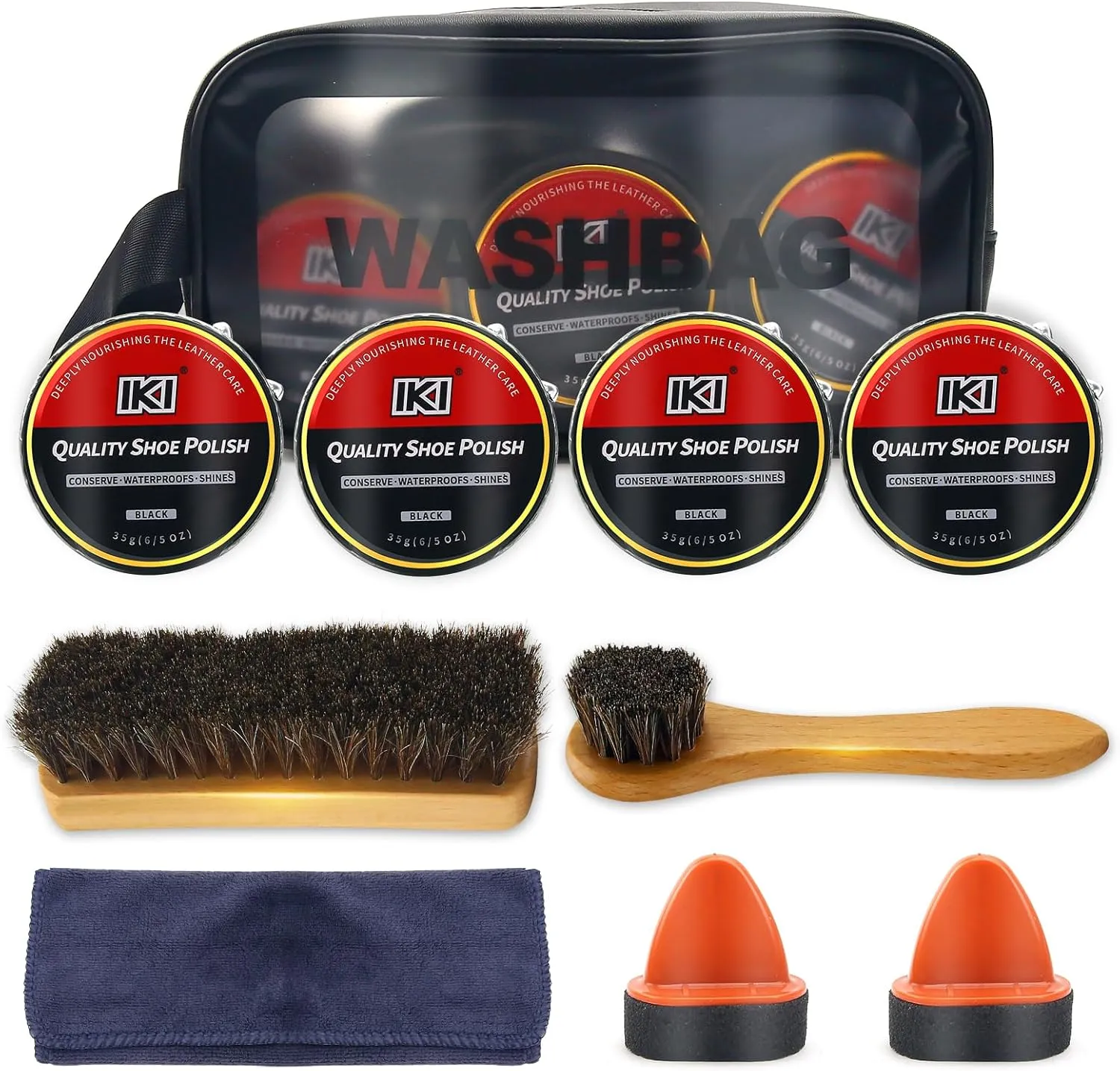 IKI Leather Boot Care Kit - 10 PCS Shoe Polish & Shine Kit with Black Shoe Polish, Sponge Applicators, Horsehair Brush, Microfiber Cloth and Wash Bag, Shoe Care Set or Men & Women
