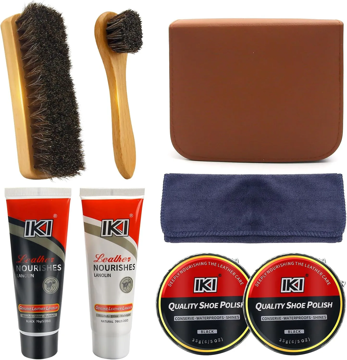 IKI Shoe Polish & Shine Kit - 8 PCS Leather Boot Care Kit with Black & Neutral Shoe Polish, Horsehair Brush & Microfiber Cloth, Portable Boot Polish Kit for Men & Women