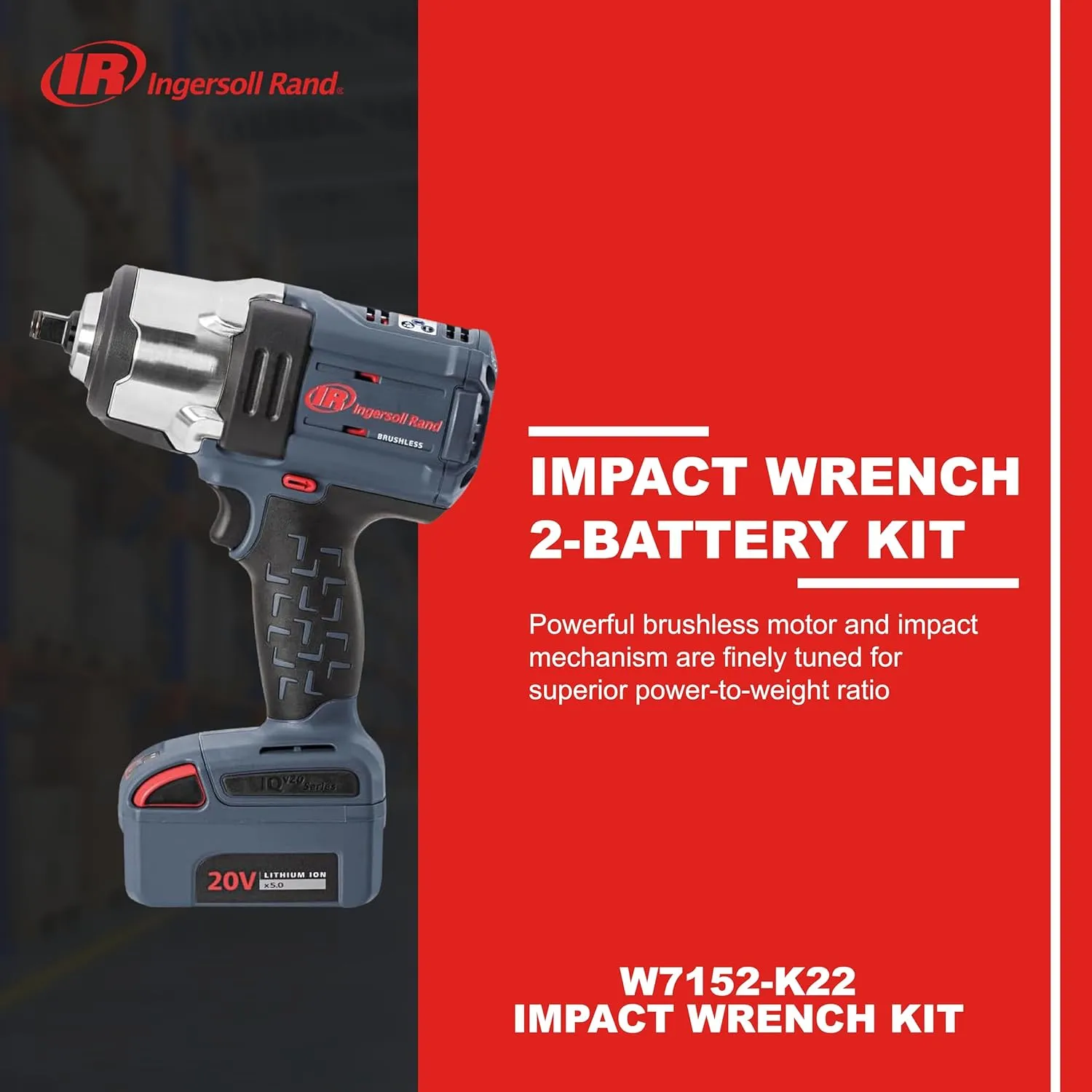 Ingersoll Rand W7152-K22 20V High-Torque 1/2" Cordless Impact Wrench Kit, 1,500 ft-lbs Torque, 2 Batteries and Charger