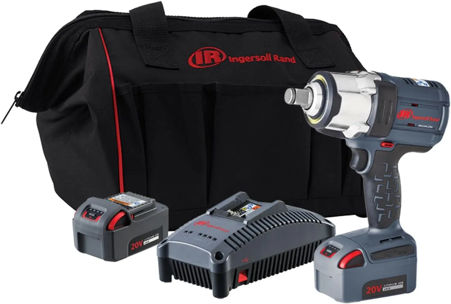Ingersoll Rand W7172-K22 3/4" Impact Wrench and 2 Battery Kit, 4 Power Modes, Brushless Motor, 1500 ft-lbs Nut Busting Torque, 1000 ft-lbs Max Torque, LED Light Ring, Gray
