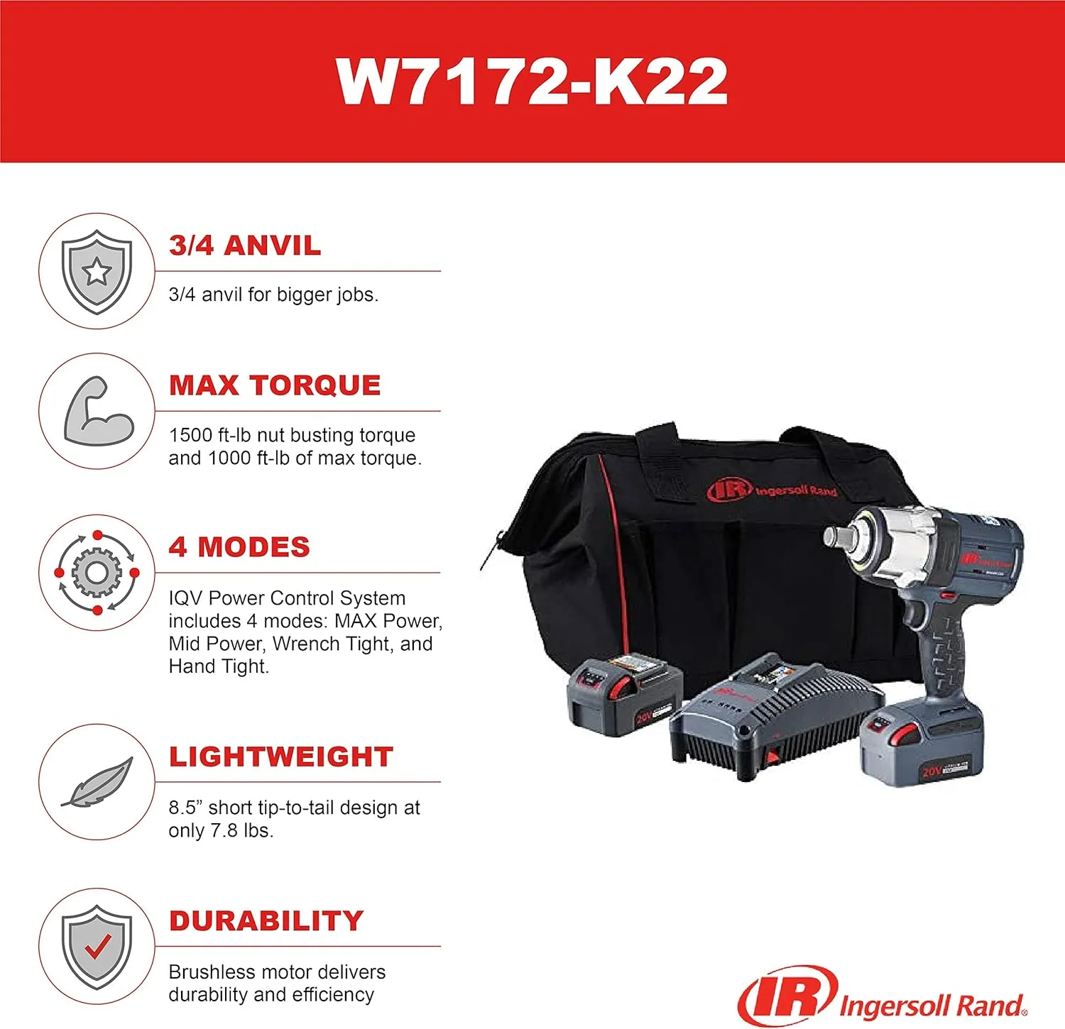 Ingersoll Rand W7172-K22 3/4" Impact Wrench and 2 Battery Kit, 4 Power Modes, Brushless Motor, 1500 ft-lbs Nut Busting Torque, 1000 ft-lbs Max Torque, LED Light Ring, Gray