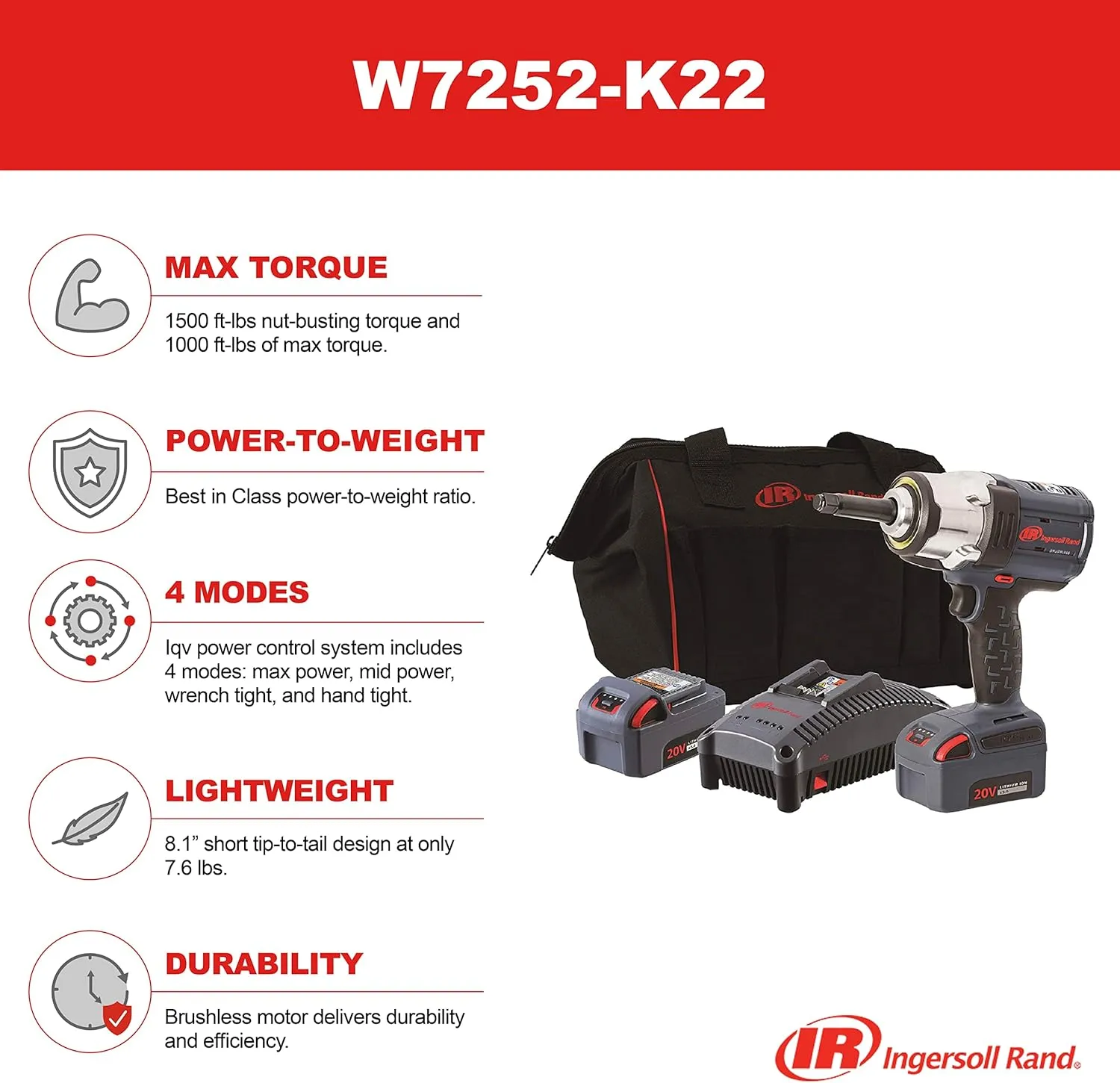 Ingersoll Rand W7252-K22 20V High-torque 1/2" Cordless Impact Wrench Kit, 1500ft-lb Torque, 2 Batt and Charger, 2" Ext Anvil
