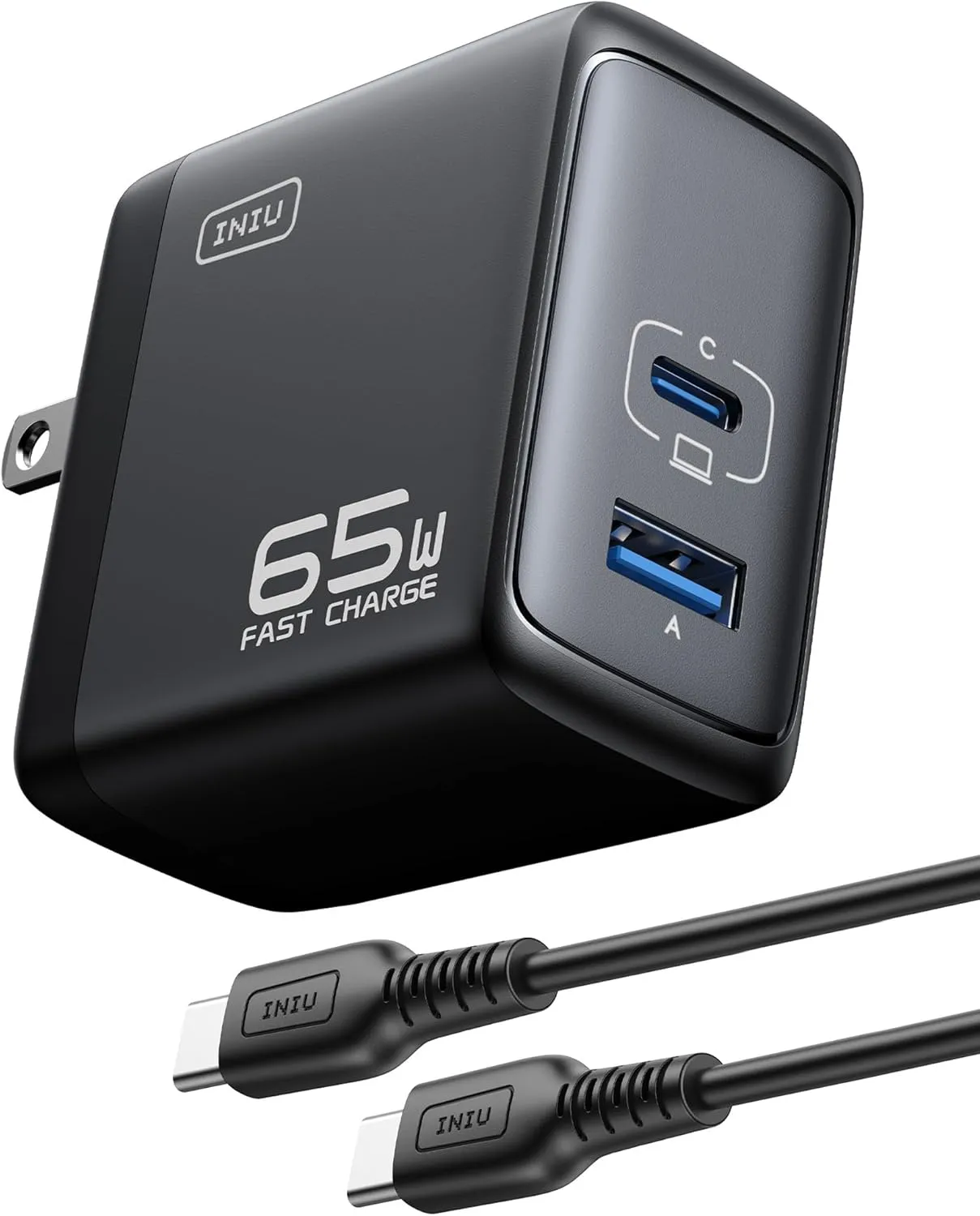INIU 65W USB C Charger, PD QC 3.0 Fast Charging Type C Wall Charger Block, 2 Ports USB-C Power Adapter for iPhone 16 15 14 Pro Max iPad Pro AirPods Samsung S23 Google Pixel Tablet Switch