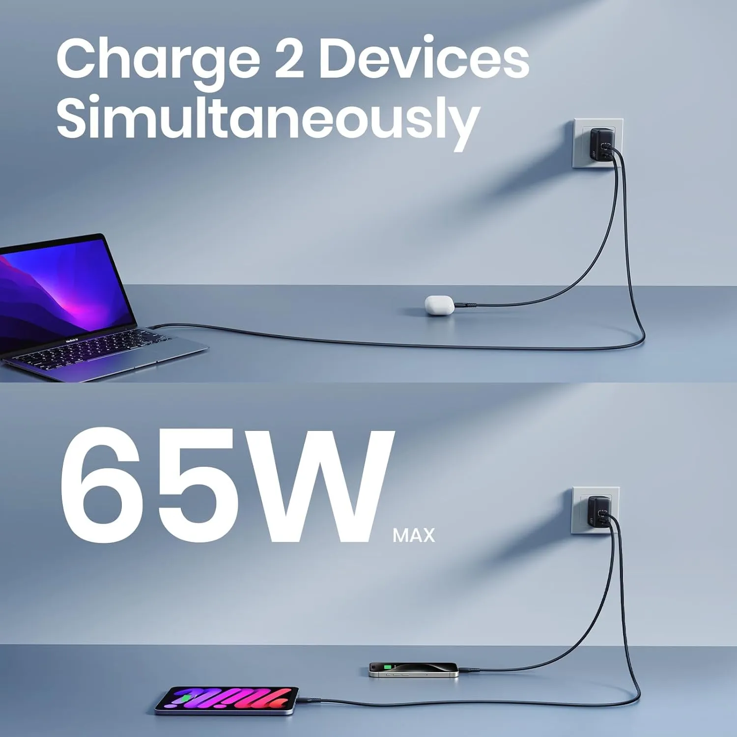 INIU 65W USB C Charger, PD QC 3.0 Fast Charging Type C Wall Charger Block, 2 Ports USB-C Power Adapter for iPhone 16 15 14 Pro Max iPad Pro AirPods Samsung S23 Google Pixel Tablet Switch