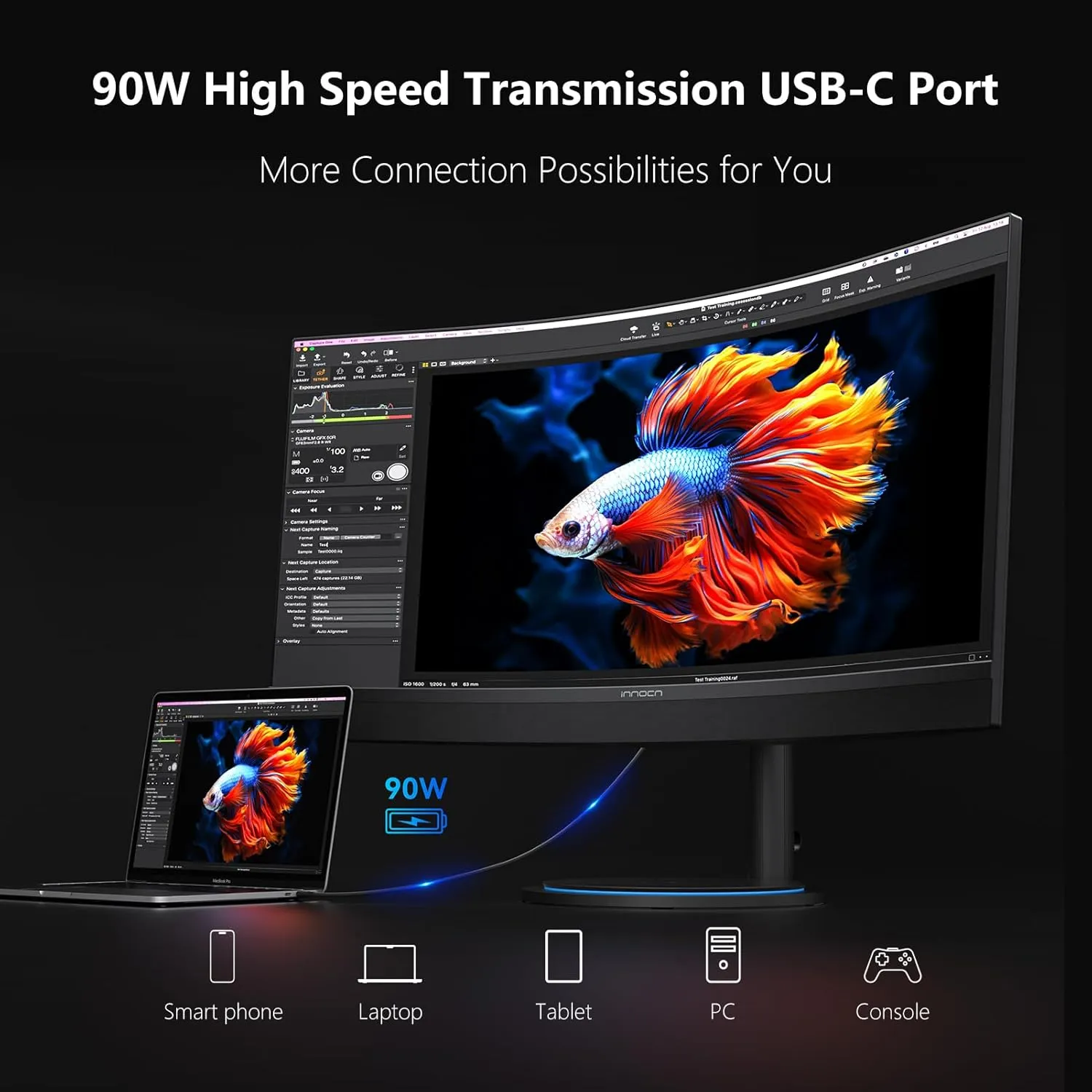 INNOCN 34" Curved Ultrawide Gaming Monitor 3440 x 1440p 165Hz PC Computer Monitor Gamer, USB Type C Power Delivery, HDMI, DP, Built-in 2.1 Stereo Speakers, Charger Pad, Black, 34G1R