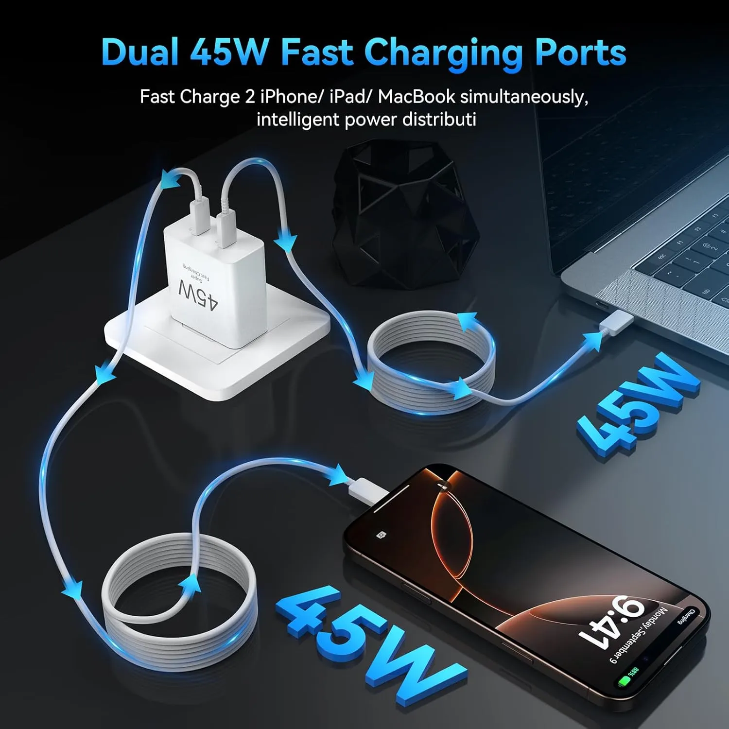 iPhone 16 Pro Max Charger Fast Charging, 45W Dual USB C Fast Charger Block with 10FT USBC Charging Cable Cord for iPhone 16/16 Pro/16 Pro Max/16 Plus/15/15 Pro Max/15Pro/Plus/S25