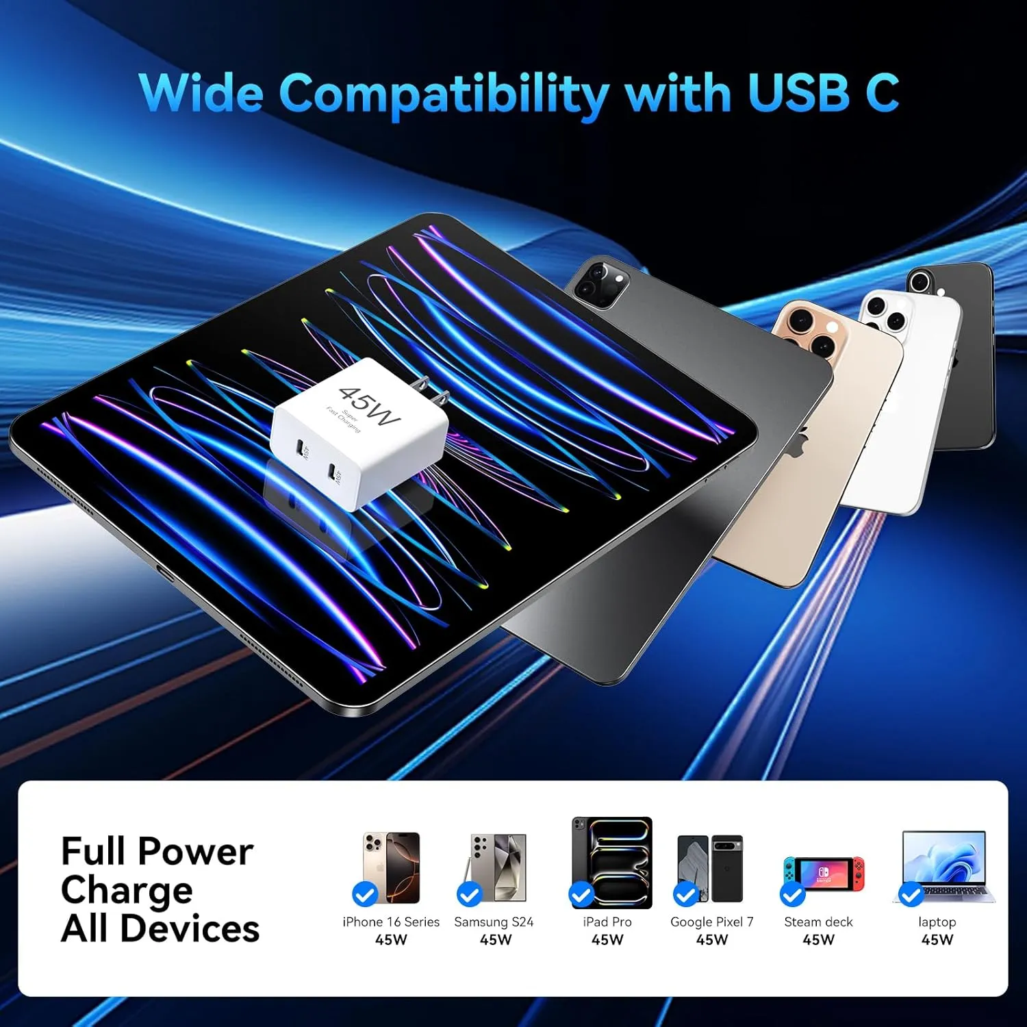 iPhone 16 Pro Max Charger Fast Charging, 45W Dual USB C Fast Charger Block with 10FT USBC Charging Cable Cord for iPhone 16/16 Pro/16 Pro Max/16 Plus/15/15 Pro Max/15Pro/Plus/S25