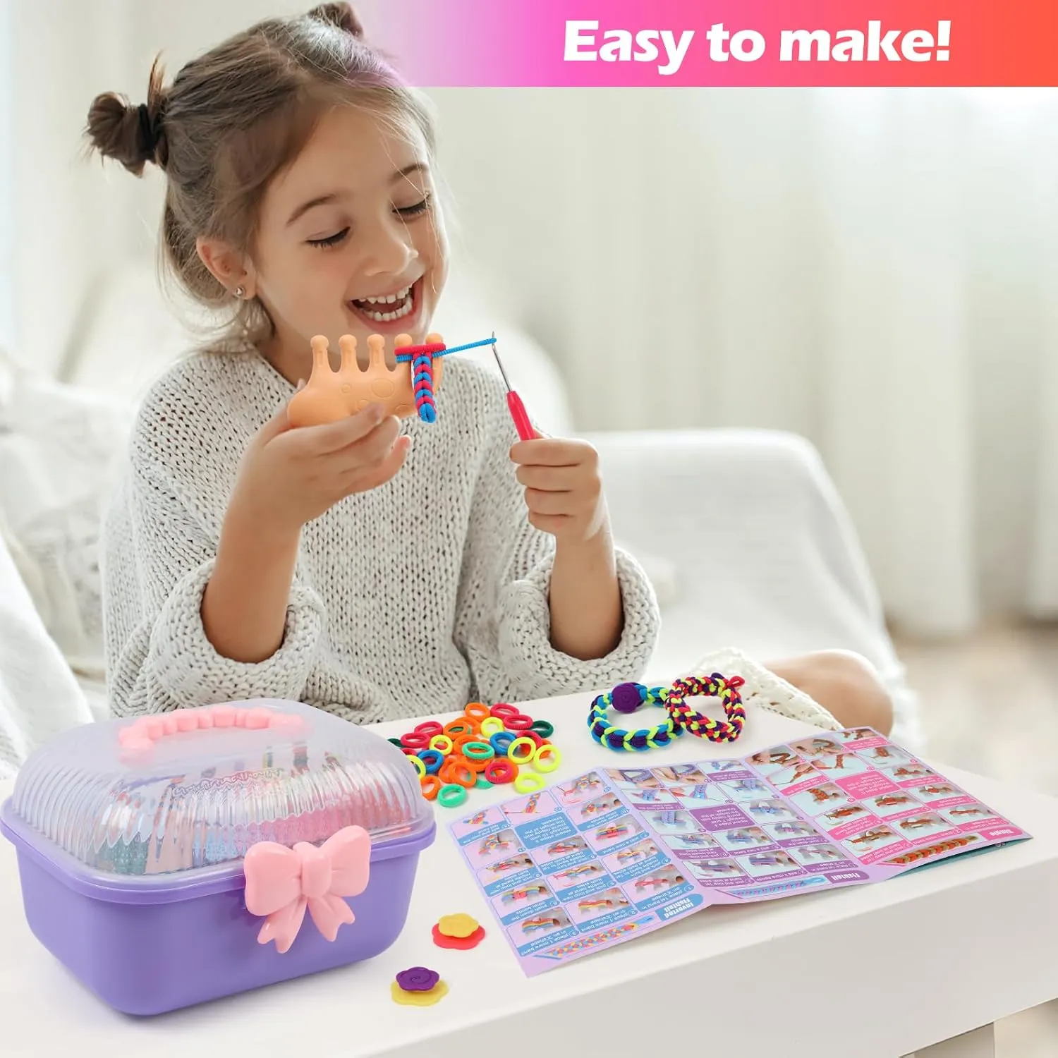 IQBOX Bracelet Making Kit Arts and Crafts for Girls Ages 8-12, Weaving Loom Rainbow Bands DIY Toys Birthday Gifts for Kids 6 7 9 10 11 13 Year Old, 1000  Elastic Cloth Rubber Band Fabric Loops