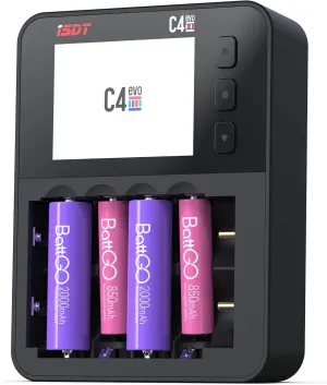 isdt C4EVO 6 Slots 36W Smart Battery Charger, with LCD Display,Type-C QC3.0 Output for AA AAA Lithium Li-ion Lifepo4 Ni-MH