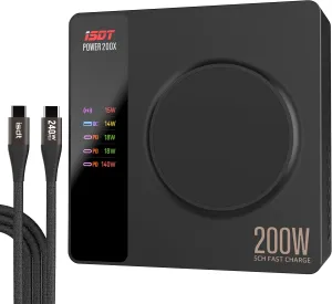 ISDT Power 200X 200W USB C Desktop Charging Station - 4 1 Ports Compatible with MacBook Pro/Air, iPad, iPhone, Galaxy, Pixel(with Power Adapter, with Magnetic Charging Function)