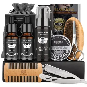 Isner Mile Beard Grooming Kit for Men Care with Beard Shampoo - Oil - Balm - Brush - Comb - Scissors & Storage Bag, Fathers Day - Christmas - Birthday Gifts for Men, Stocking Stuffers for Him