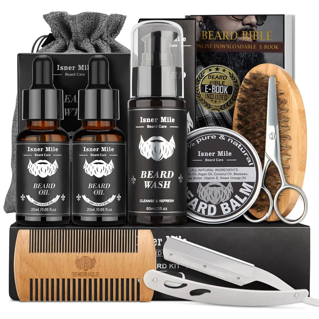 Isner Mile Beard Grooming Kit for Men Care with Beard Shampoo - Oil - Balm - Brush - Comb - Scissors & Storage Bag, Fathers Day - Christmas - Birthday Gifts for Men, Stocking Stuffers for Him