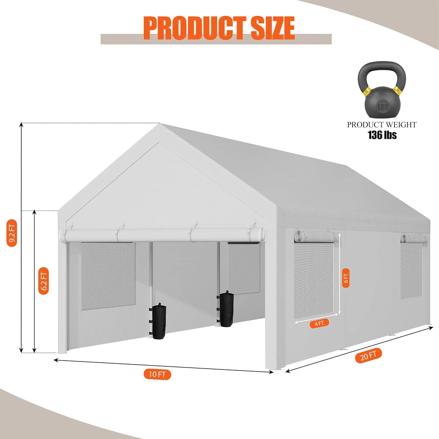 JAMFLY Carport, 10x20 ft Heavy Duty Carport with Roll-up Windows, Portable Garage with Removable Sidewalls & Doors, Car Canopy with Sandbags and All-Season Tarp for Car Boat Truck Motorcycle