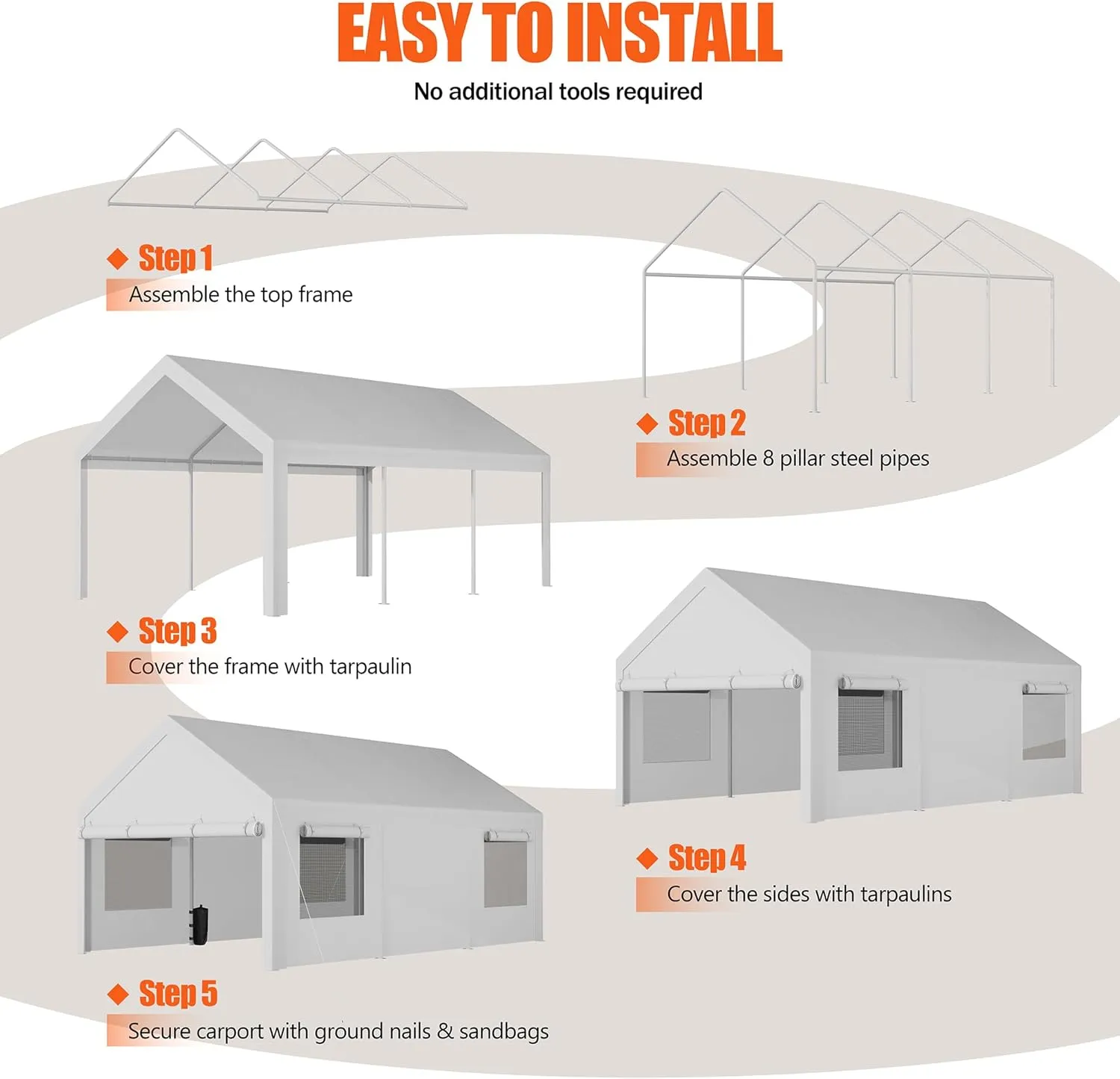 JAMFLY Carport, 10x20 ft Heavy Duty Carport with Roll-up Windows, Portable Garage with Removable Sidewalls & Doors, Car Canopy with Sandbags and All-Season Tarp for Car Boat Truck Motorcycle