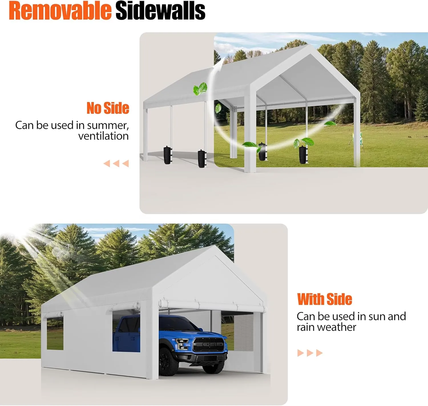 JAMFLY Carport, 10x20 ft Heavy Duty Carport with Roll-up Windows, Portable Garage with Removable Sidewalls & Doors, Car Canopy with Sandbags and All-Season Tarp for Car Boat Truck Motorcycle