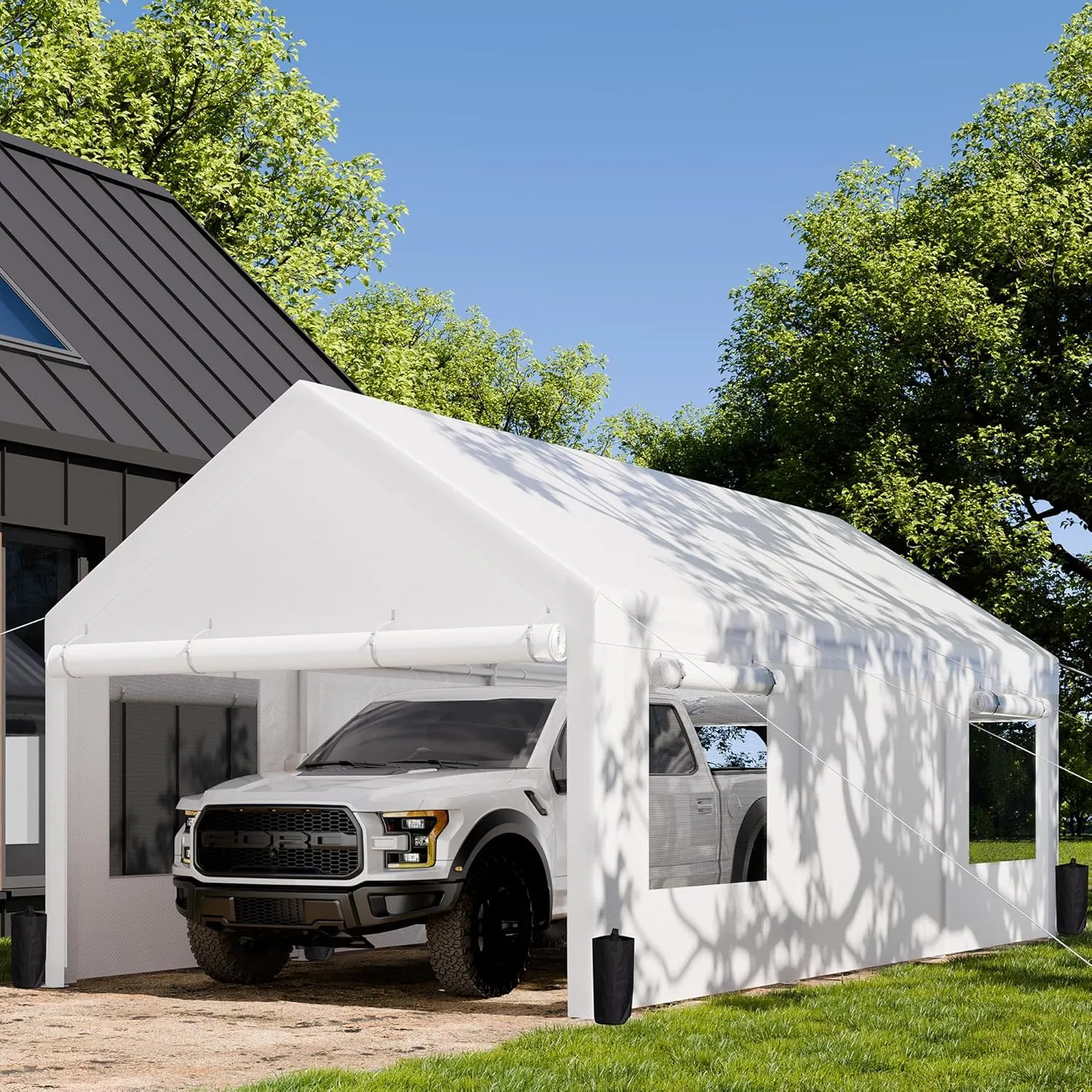JAMFLY Carport, 10x20 ft Heavy Duty Carport with Roll-up Windows, Portable Garage with Removable Sidewalls & Doors, Car Canopy with Sandbags and All-Season Tarp for Car Boat Truck Motorcycle