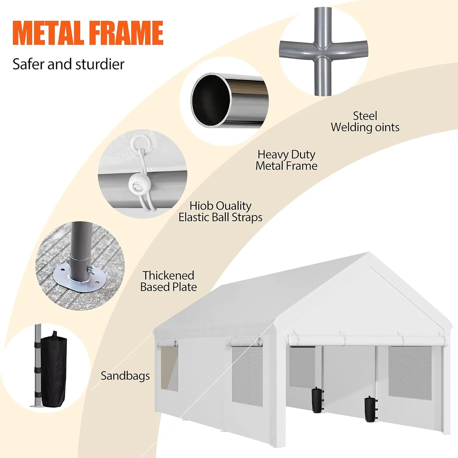JAMFLY Carport, 10x20 ft Heavy Duty Carport with Roll-up Windows, Portable Garage with Removable Sidewalls & Doors, Car Canopy with Sandbags and All-Season Tarp for Car Boat Truck Motorcycle