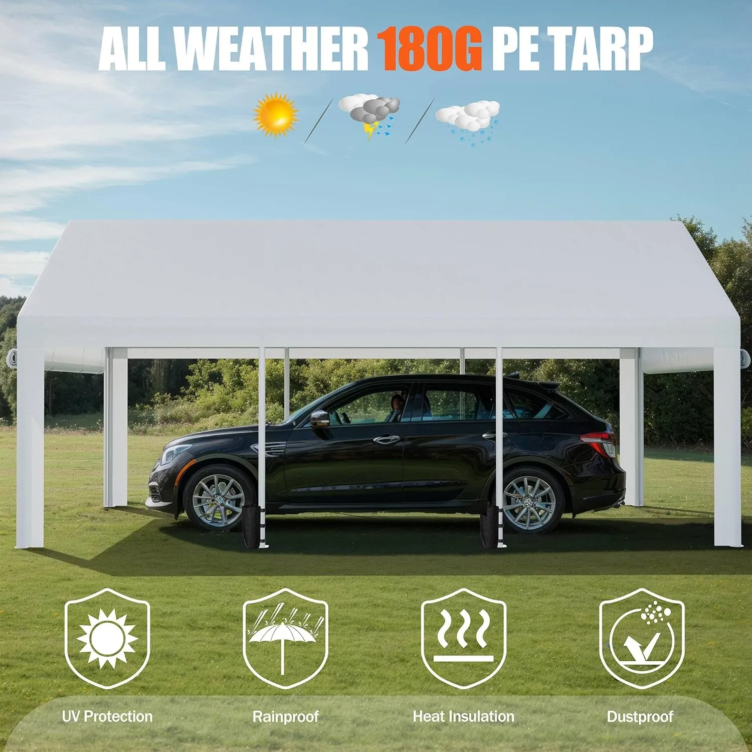 JAMFLY Carport, 10x20 ft Heavy Duty Carport with Roll-up Windows, Portable Garage with Removable Sidewalls & Doors, Car Canopy with Sandbags and All-Season Tarp for Car Boat Truck Motorcycle