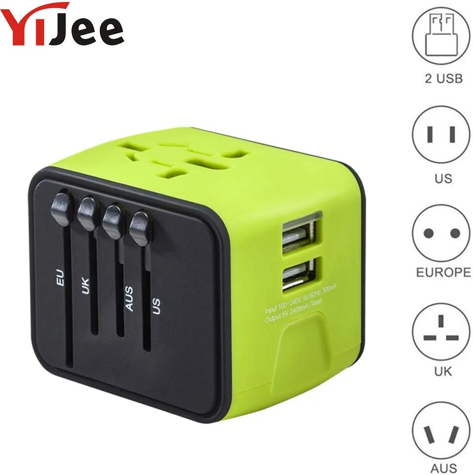 Jammas International Plug Universal Travel Adapter Electric Plugs Sockets Dual USB Wall Charger for US/UK/EU/AU LED Indicator - (Standard: Universal Plug, Color: Green)