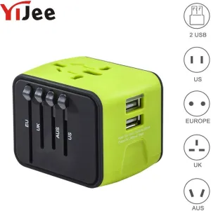 Jammas International Plug Universal Travel Adapter Electric Plugs Sockets Dual USB Wall Charger for US/UK/EU/AU LED Indicator - (Standard: Universal Plug, Color: Green)