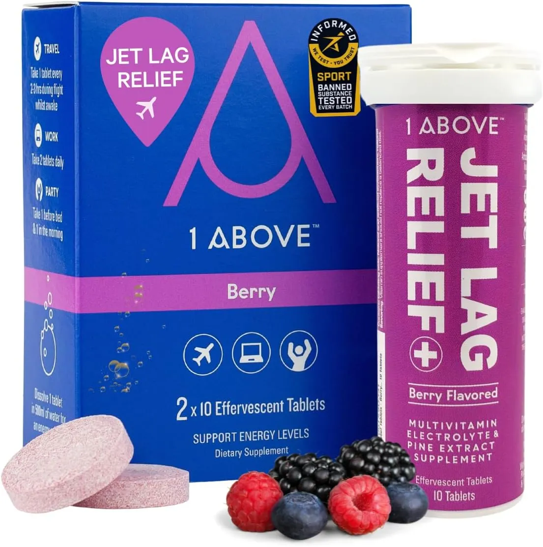 Jet Lag Relief Tablets - Berry-Flavored Effervescent Multivitamin with Pycnogenol Travel Supplement for Hydration, Energy, Immune Support and Faster Recovery - Flight Essential, 20 Tablets