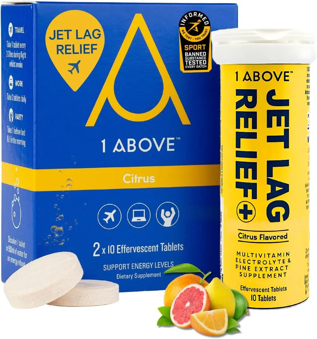 Jet Lag Relief Tablets - Citrus-Flavored Effervescent Multivitamin with Pycnogenol Travel Supplement for Hydration, Energy, Immune Support and Faster Recovery - Flight Essential, 20 Tablets