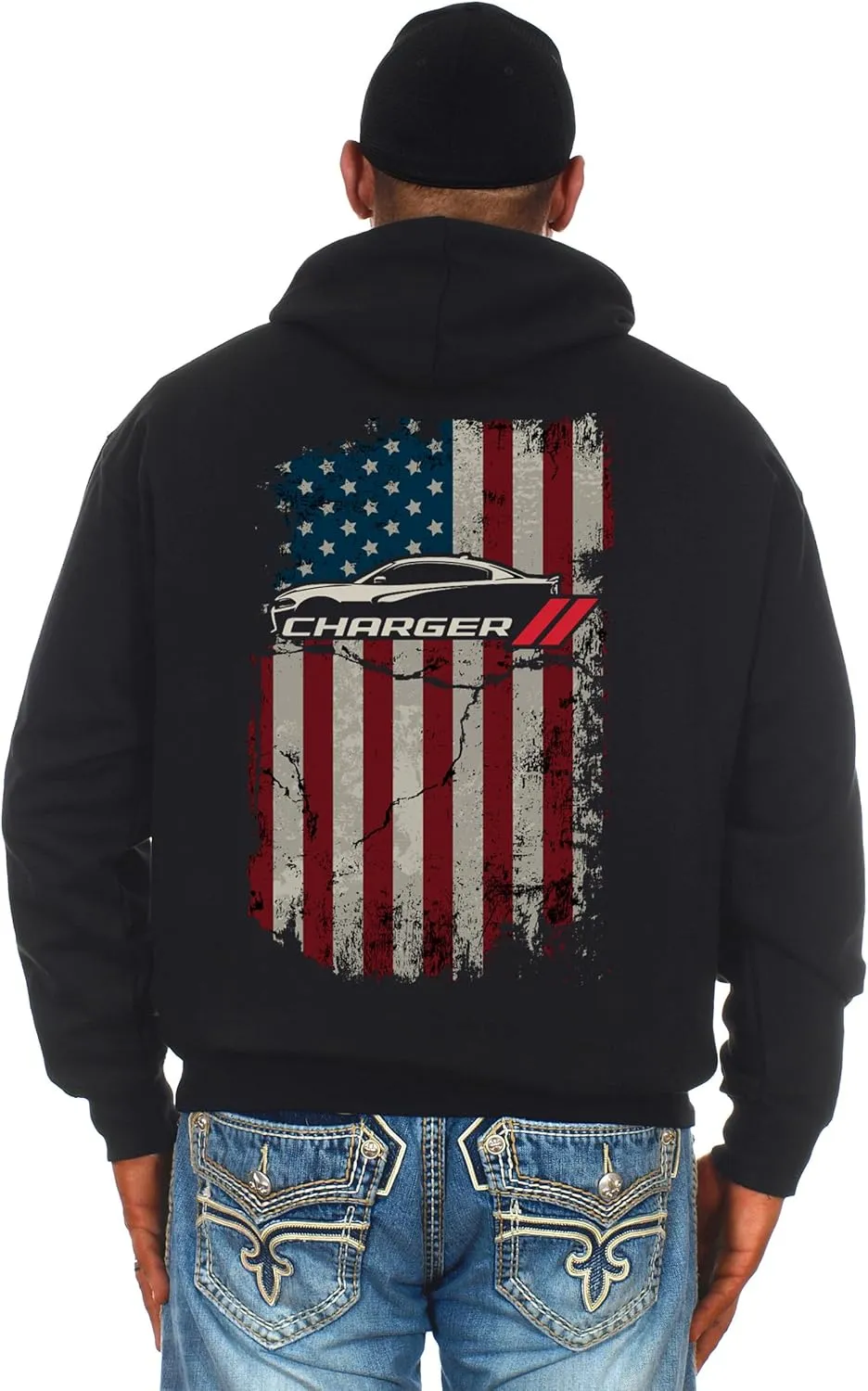 JH DESIGN GROUP Men's Dodge Charger Pullover Hoodie American Flag 2 Sided Sweatshirt
