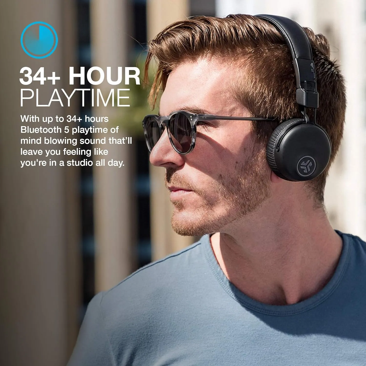 JLab Studio ANC On-Ear Wireless Headphones, Black, 34  Hour Bluetooth 5 Playtime, 28  Hour with Active Noise Cancellation, EQ3 Custom Sound, Ultra-Plush Faux Leather & Cloud Foam Cushions